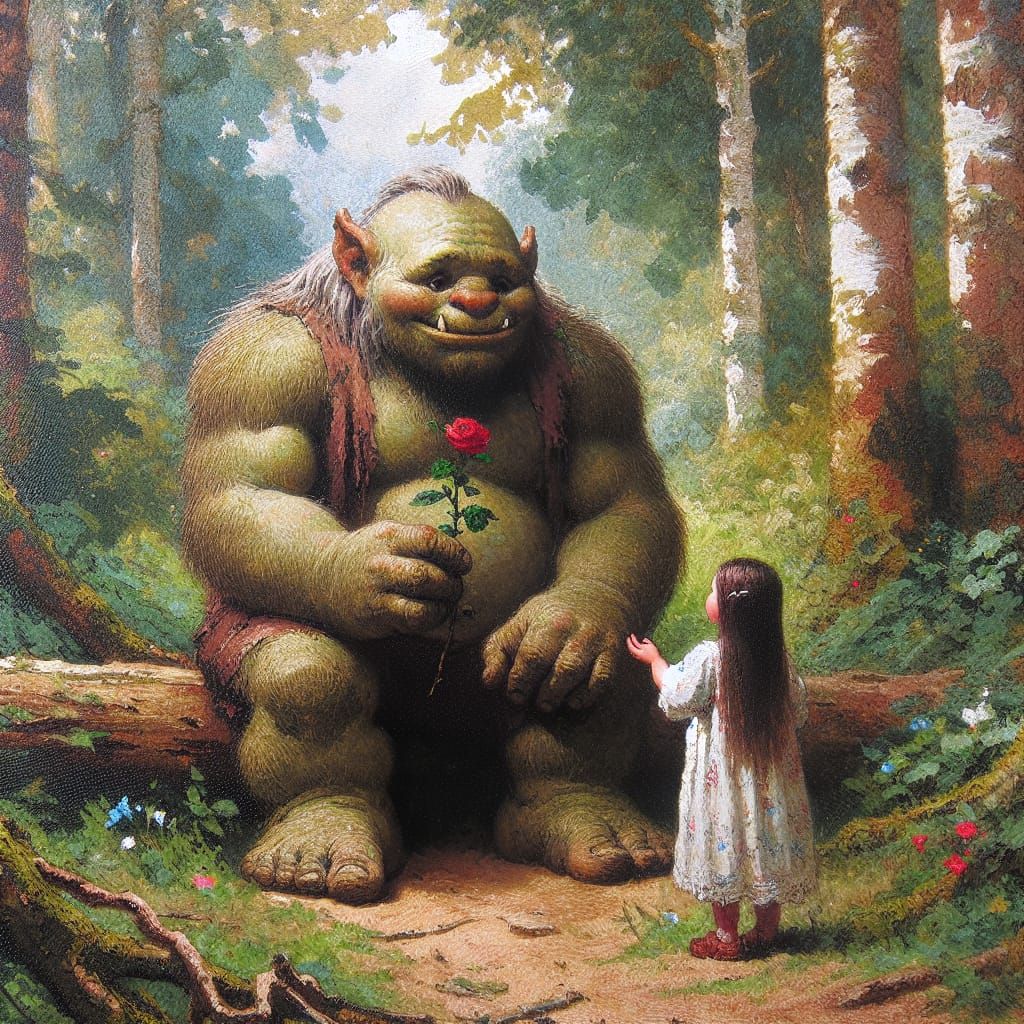 A friendly ogre gives a rose to a little girl