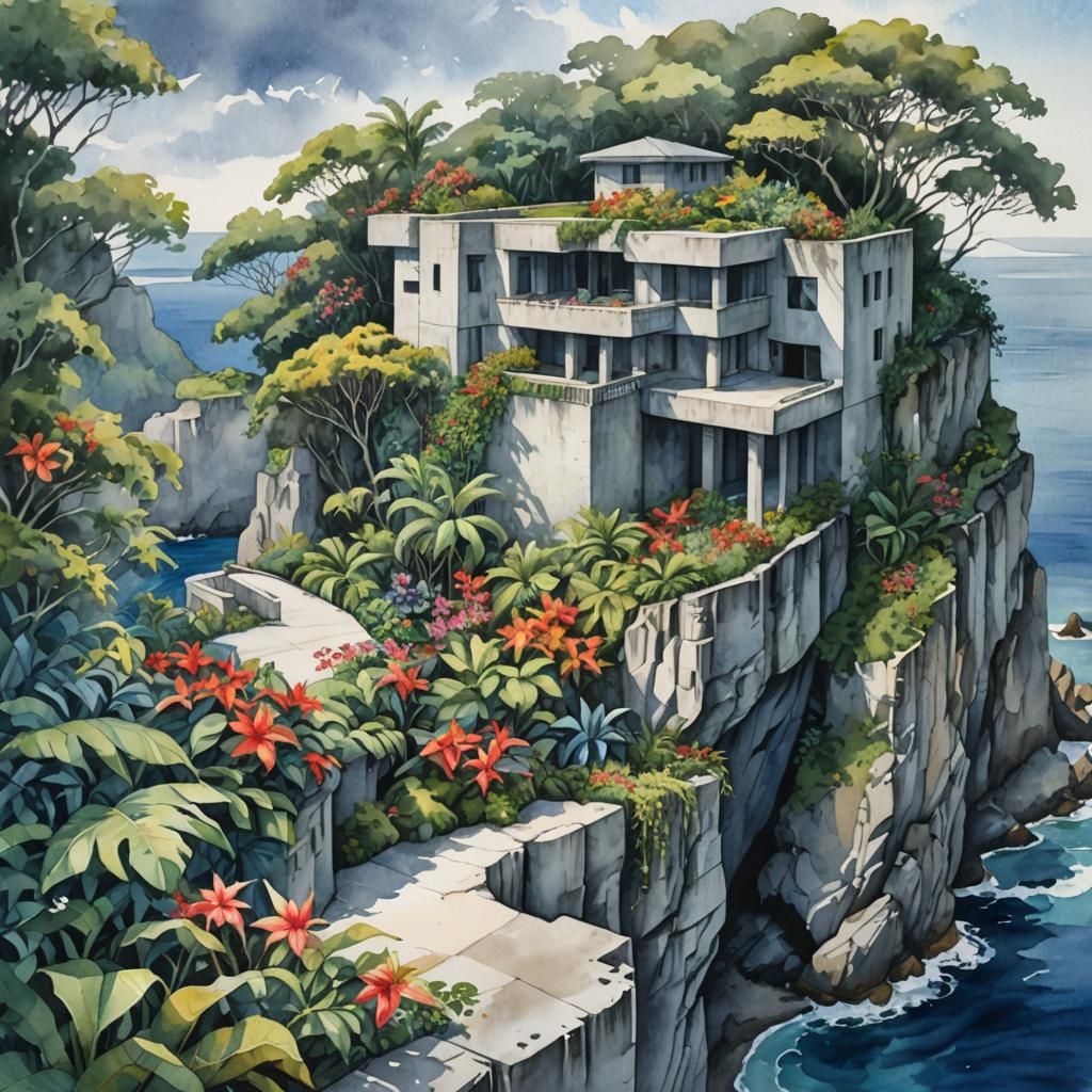 Coastal Concrete Structure in Vivid Watercolor Style