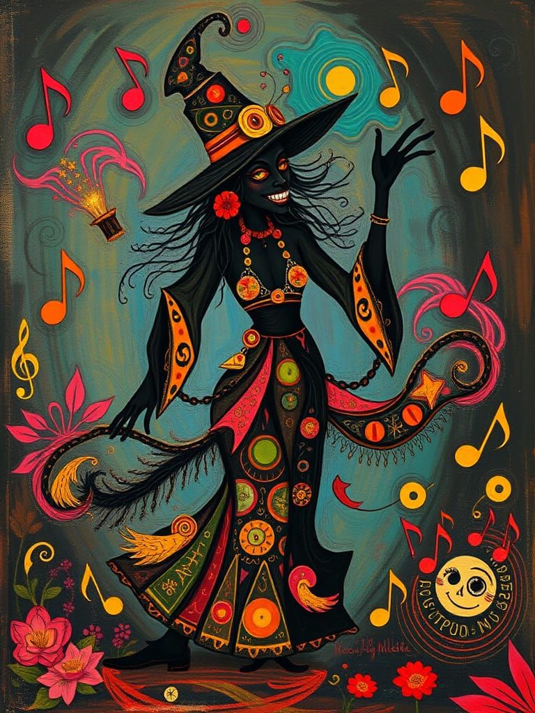 Vibrant Witch Dancing and Casting Spells in Primitivism Styl...