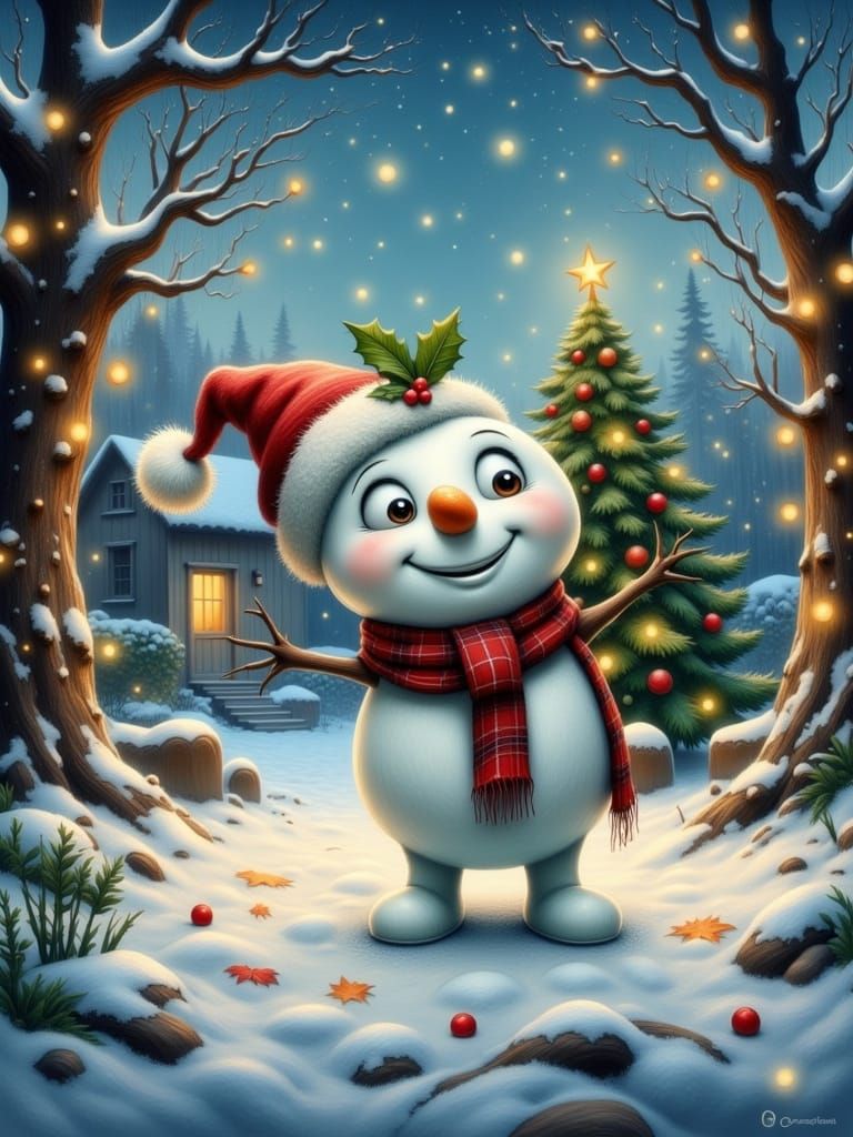 Whimsical Snowman in Magical Snowy Backyard