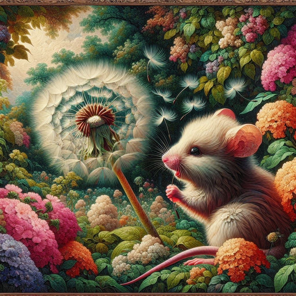 Fluffy Mouse Dispersing Dandelion Seeds: Romantic Oil Painti...