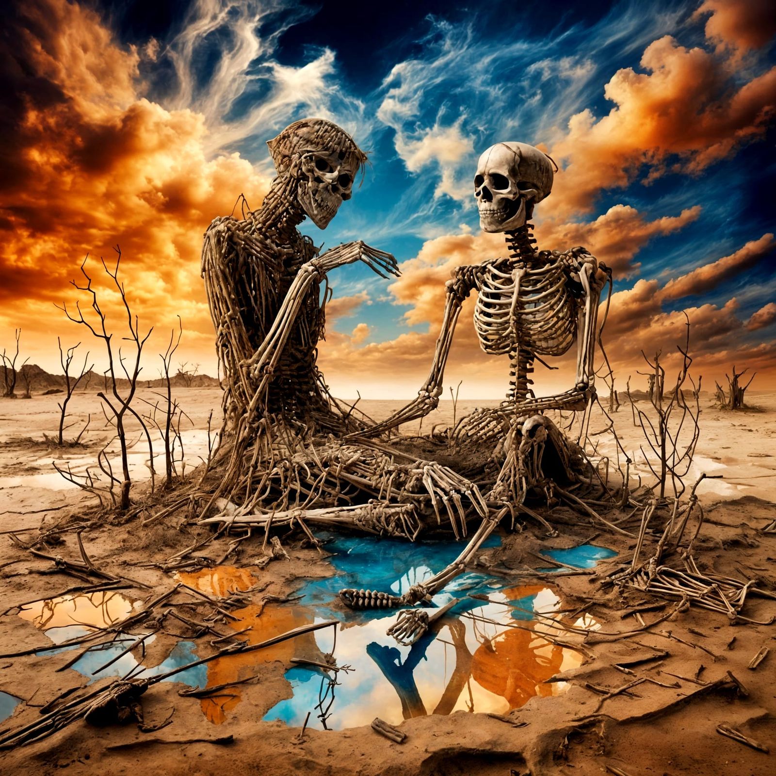 Skeleton Portrait in Cracked Desert With Vibrant Tear