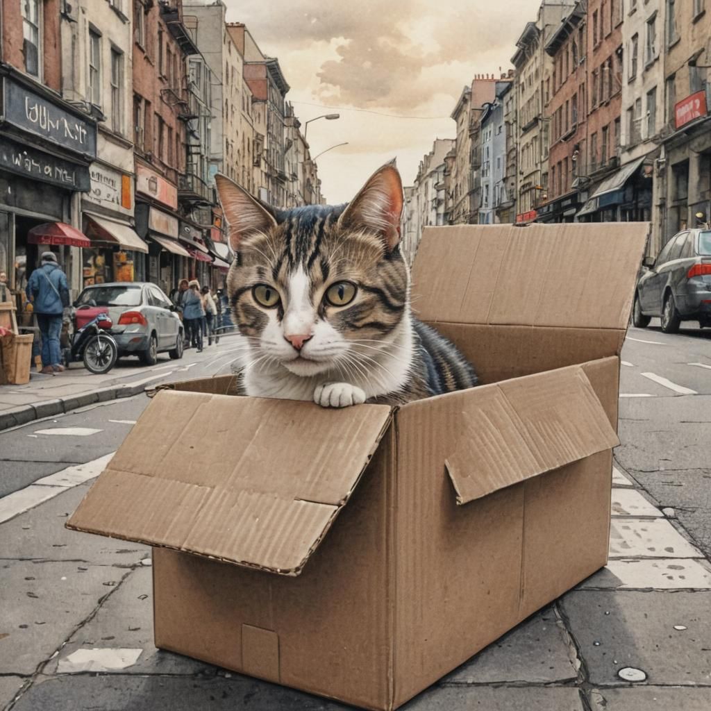 Cartoon Cat in City, Pen and Ink Watercolor