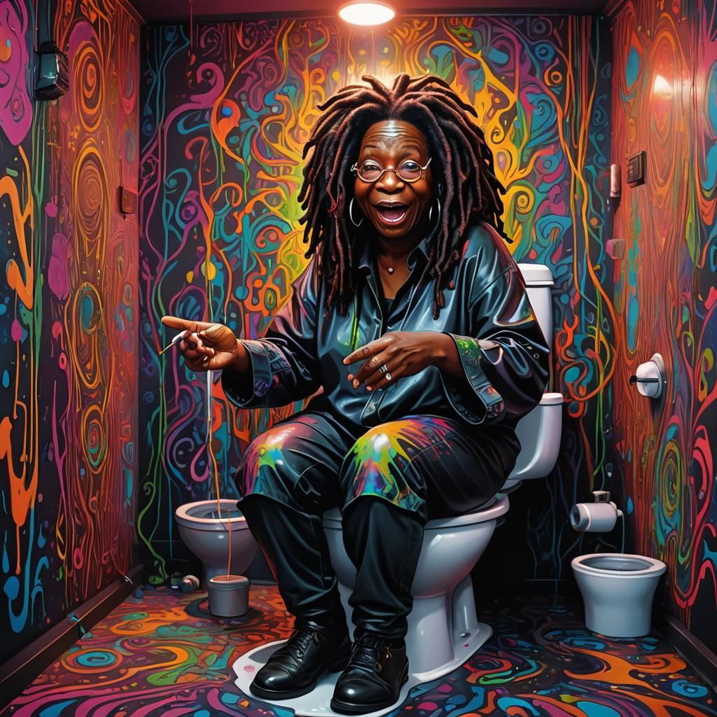 Psychedelic Whoopi Goldberg Art on a Toilet