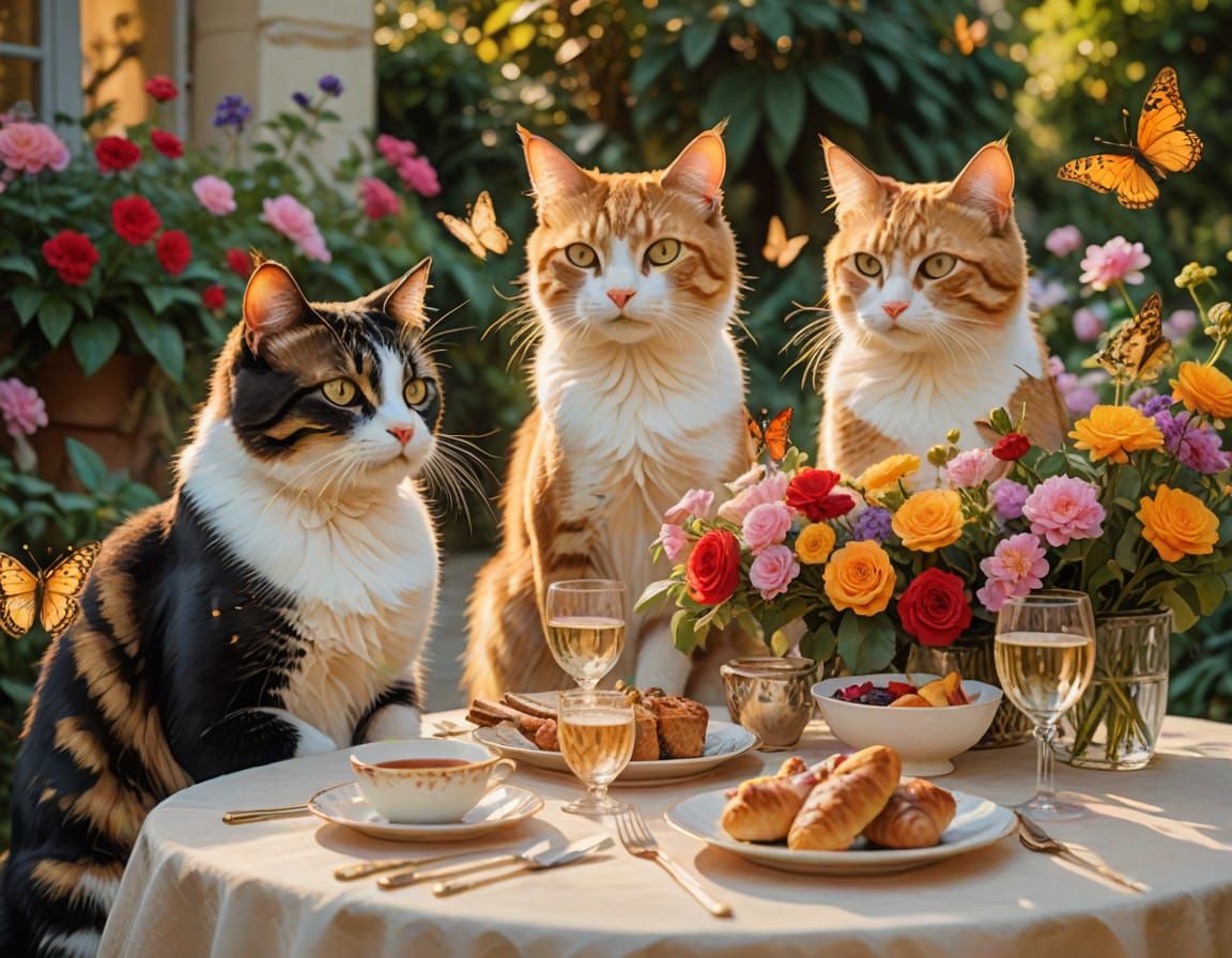 Impressionist Cats Dine in Garden Paradise