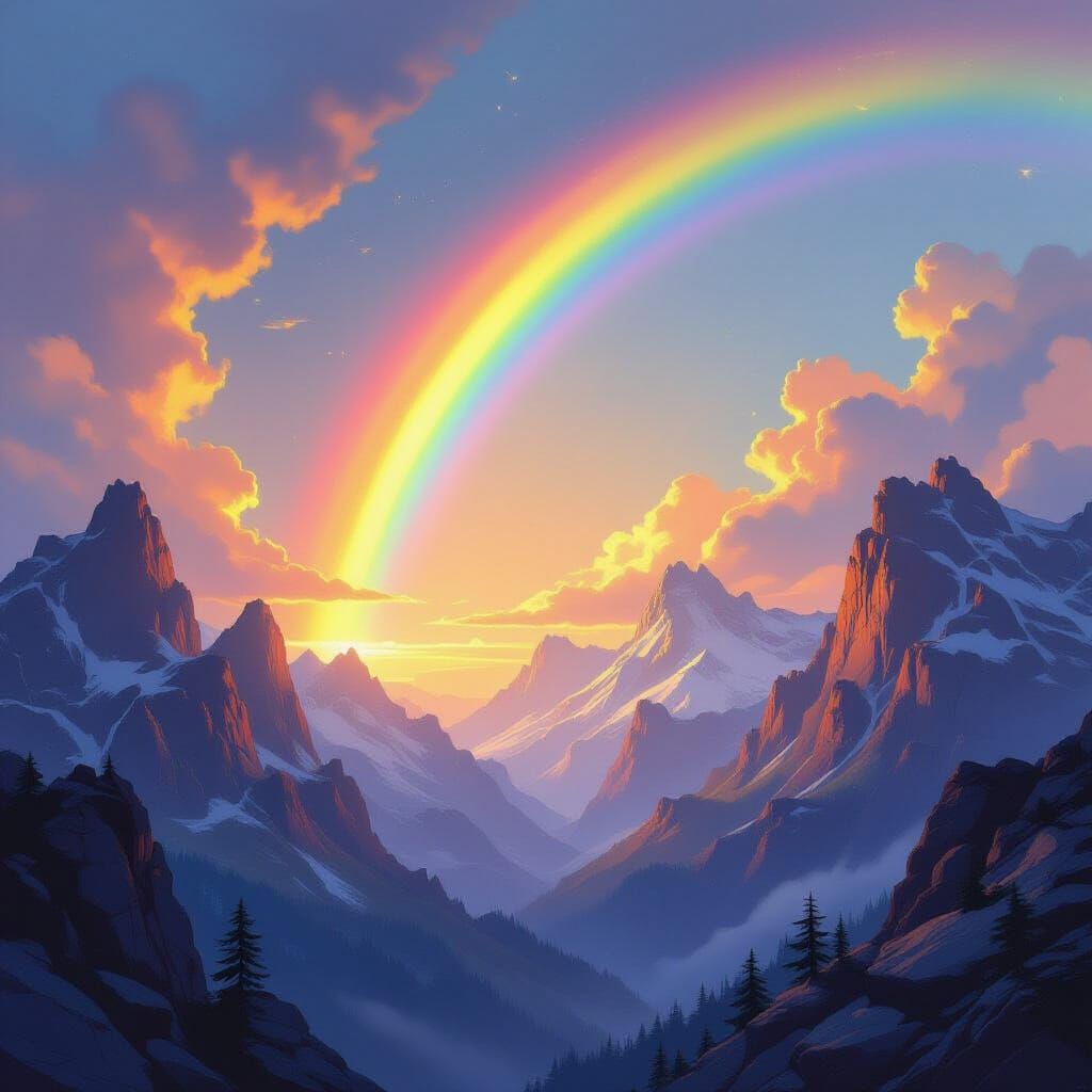 Mystic Rainbow Over Rugged Mountains in Ethereal Style