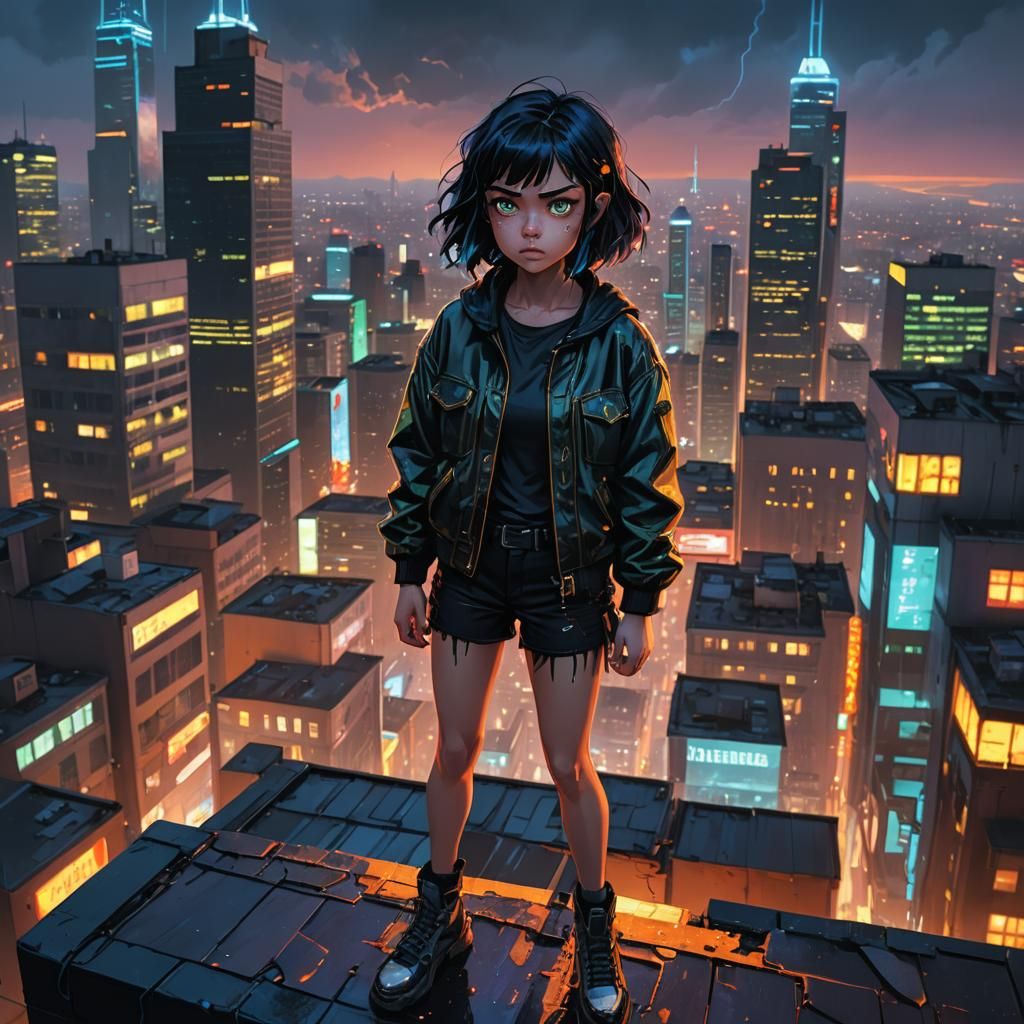 Neon Dark Fantasy: Girl in Cityscape