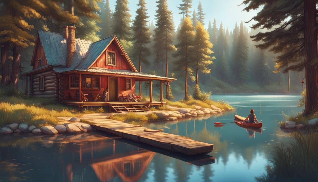 Summer Camp Lake Scene in Hyperdetailed Concept Art