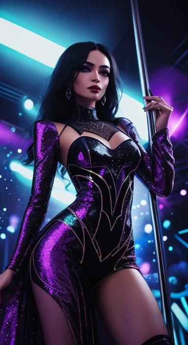 Neo-Noir Pole Dancer in Dimly Lit Nightclub