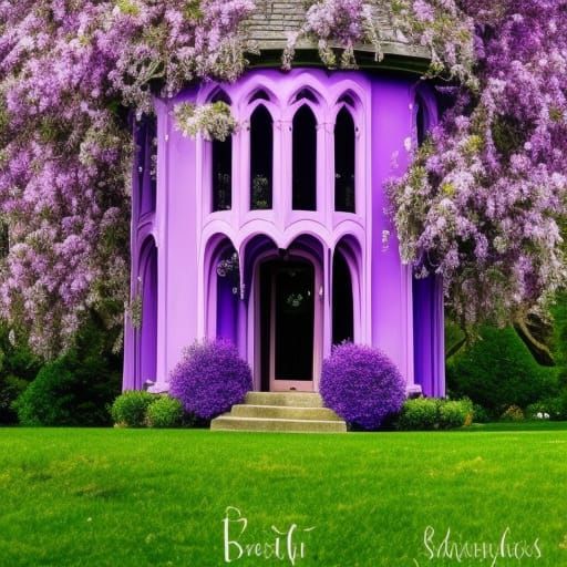 Whimsical ethereal Gothic purple house with purple door& ethereal Circular Gothic windows& Blue Rose Garden& lavender pl...