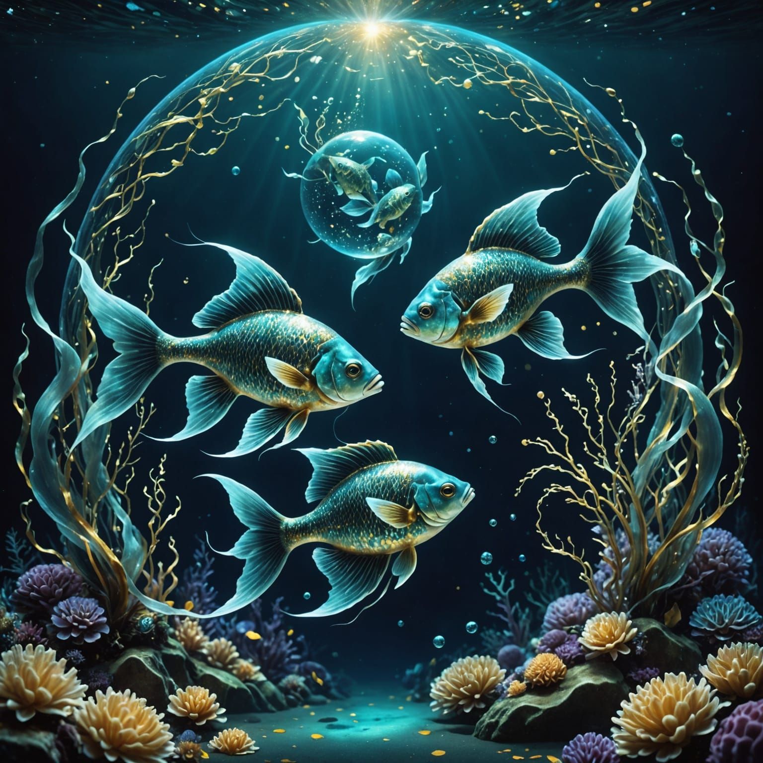 Ethereal Pisces Dreamscape with Shimmering Fish and Celestia...
