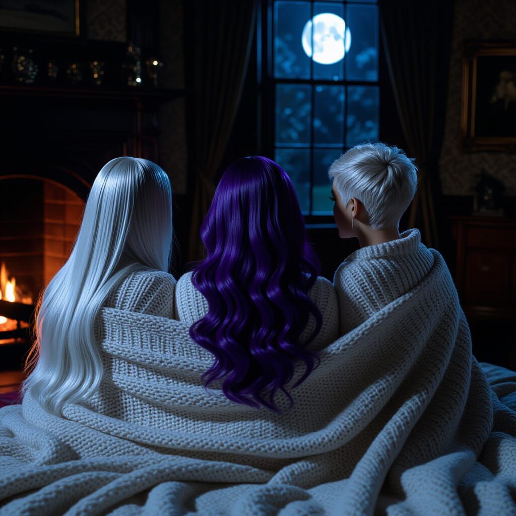 Three Women Gaze at Fireplace in Moonlit Mansion