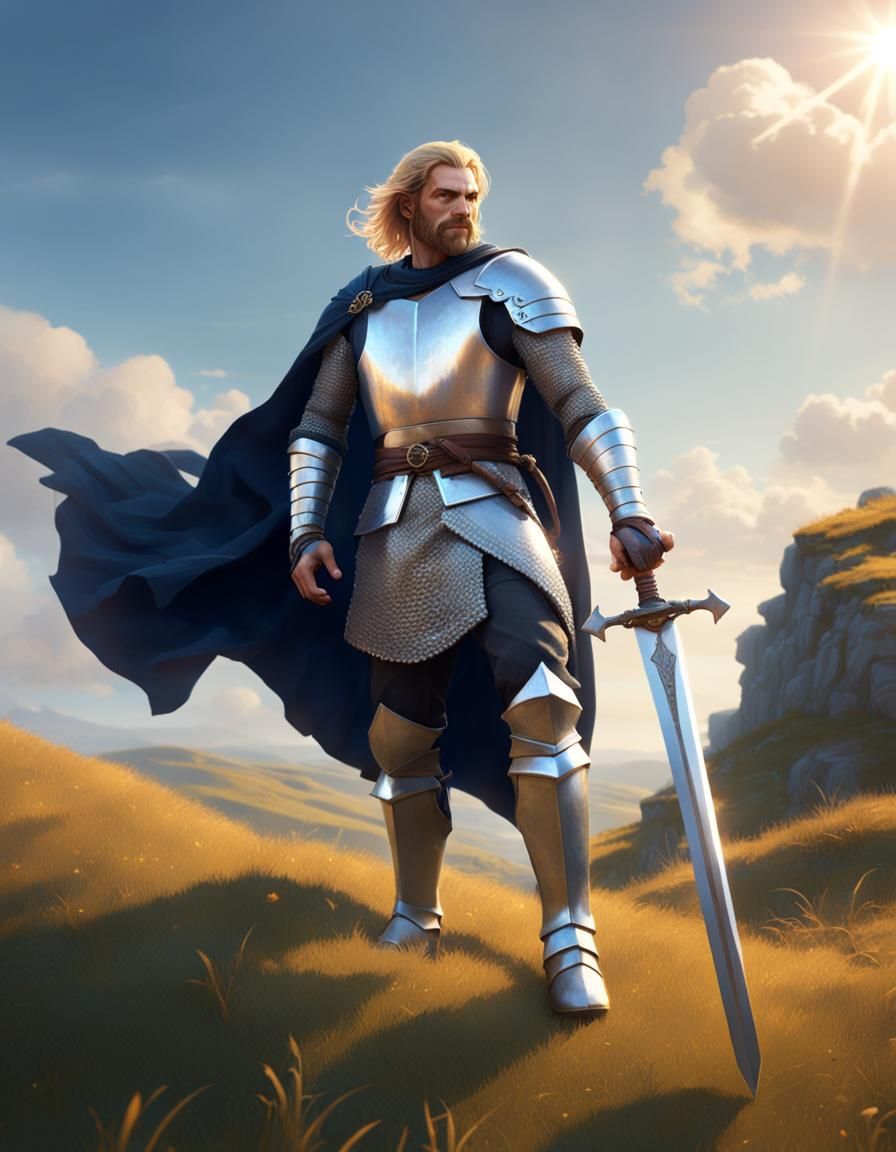 Heroic Blond Swordsman on Hill, Fantasy Concept Art