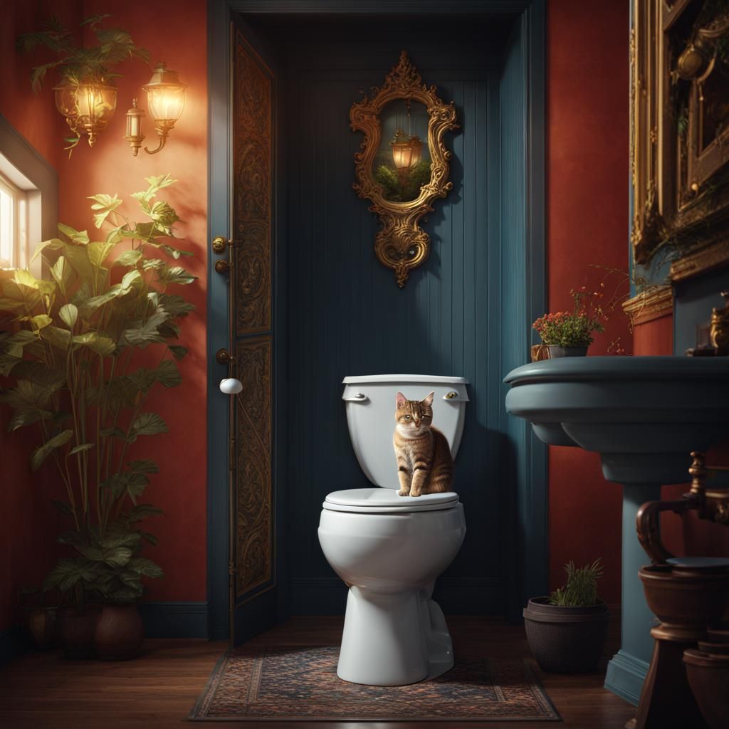 Smiling Cat Peeing on Toilet: Detailed Matte Painting