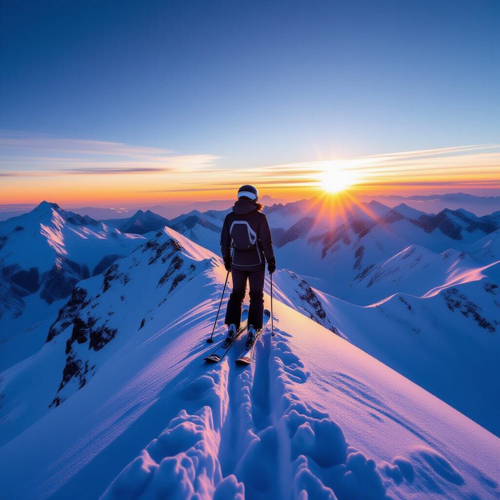 Futuristic Skier on Mountain Peak Under Double Sunset