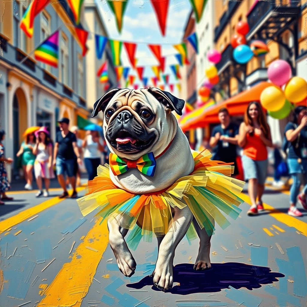 Joyful Pug at Brighton Pride in Vibrant Neo-Impressionist Oi...