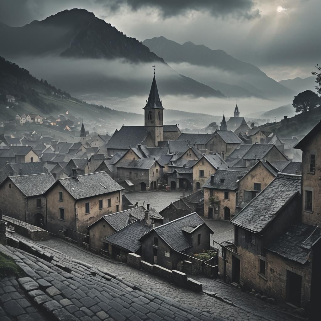 Ominous Village in Dark Fantasy Style Illustration