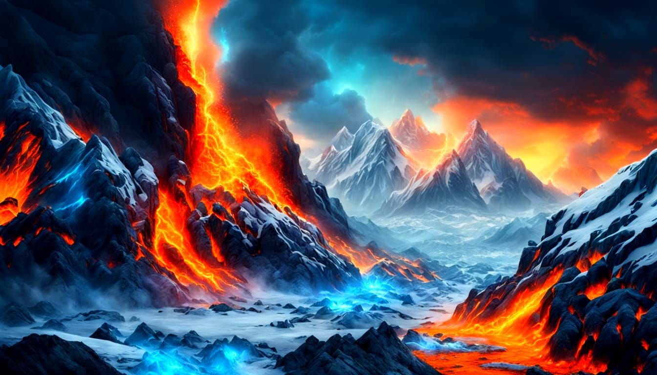 Surreal Landscape of Fire and Ice Fusion