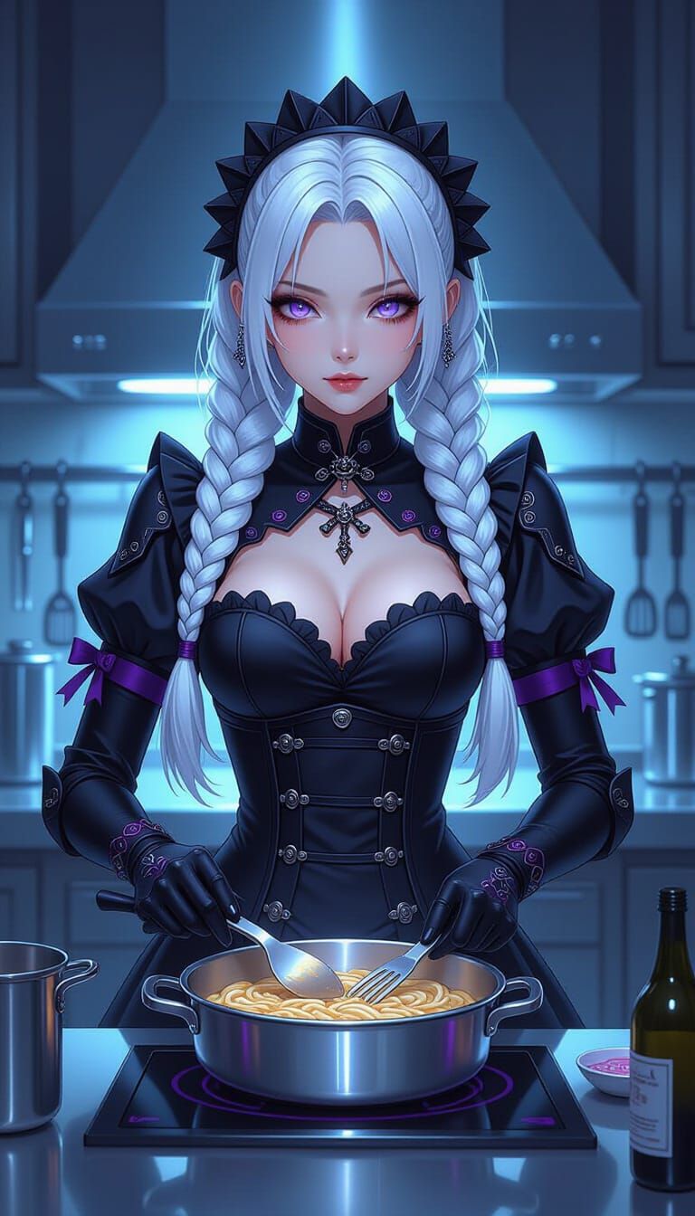Cyberpunk Android Maid Cooking Dinner, Manga Style