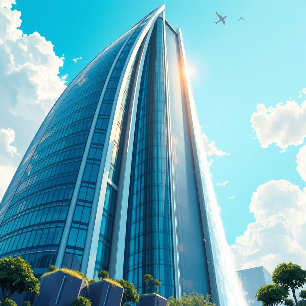 Sleek Futuristic Skyscraper with Waterfall and Iridescent Gl...