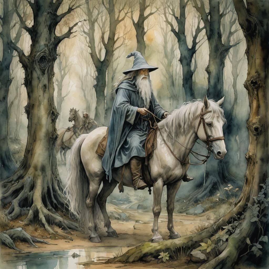 Gandalf Visits Lothlórien: Watercolor Fantasy Art