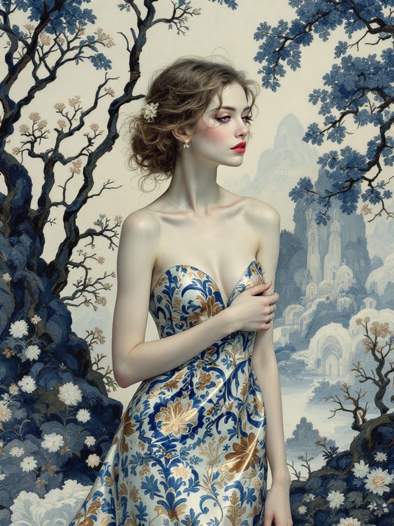 Swedish Pin-Up Woman in Gold Dress, Ukiyo-e Delft Style