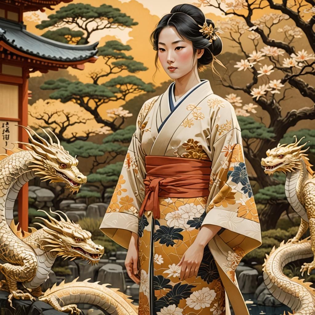 Ukiyo-e Garden Scene with Woman and Golden Dragons