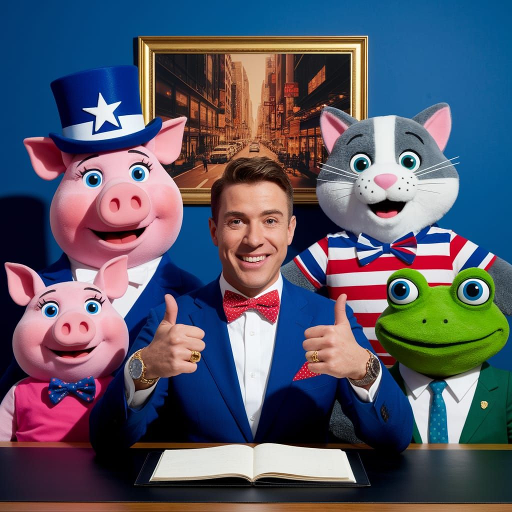 Dapper Man with Animal Companions in a Vibrant Photo