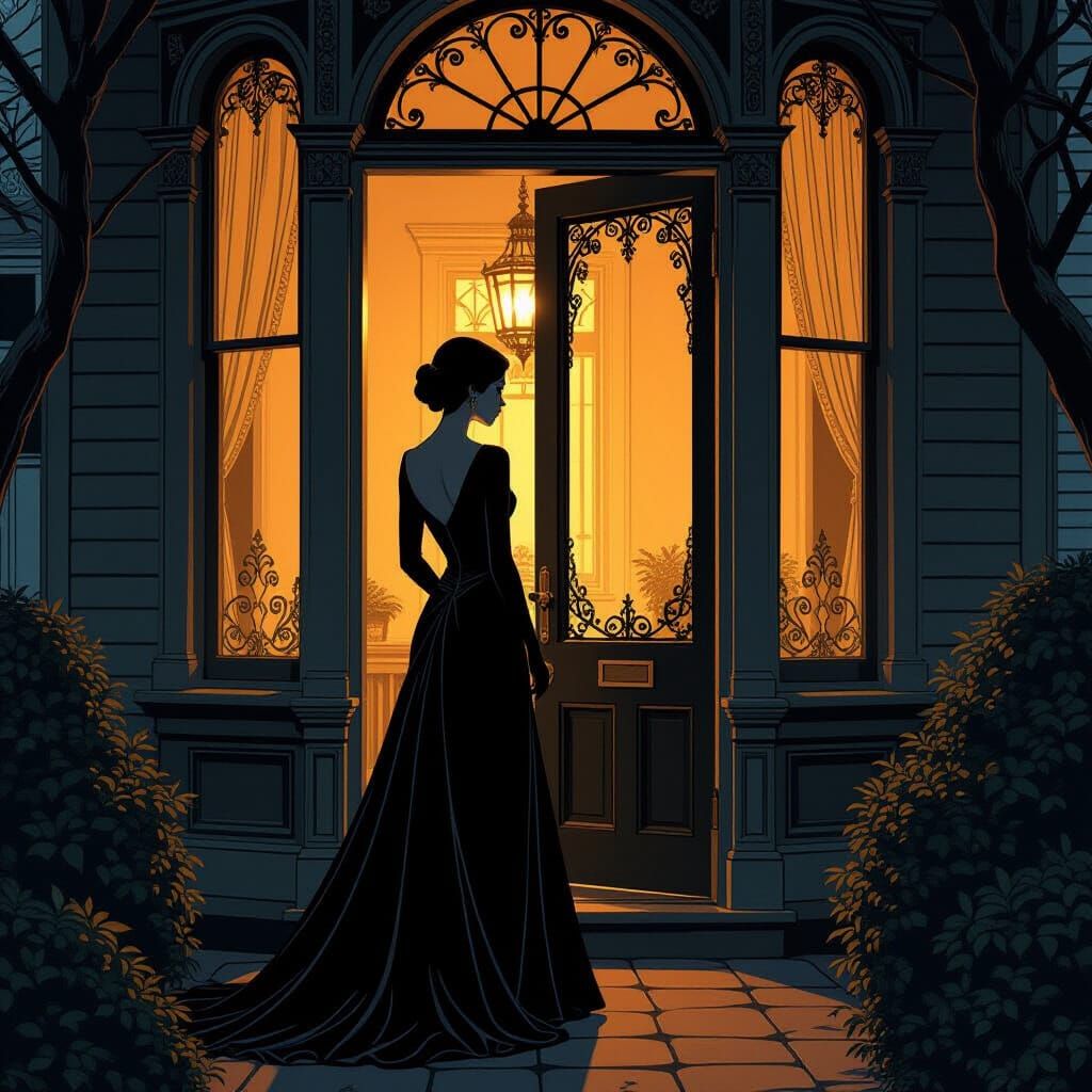Mysterious Victorian Woman Silhouette in Golden Light