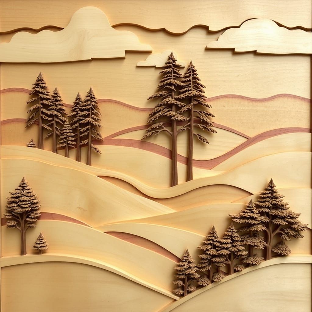 Serene Woodland Landscape Carved from Wood