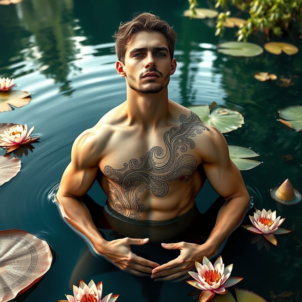 Majestic Figure Emerges from Serene Lake in Intricate Zentan...