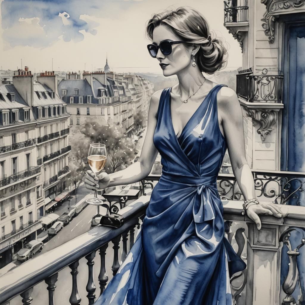 Elegant Parisienne in Royal Blue Dress Charcoal Drawing