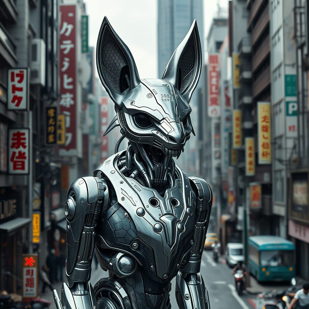 Dystopian Animal Robot in Cyberpunk Japanese Cityscape