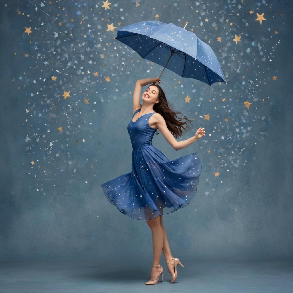 Woman Dancing with Umbrella Under Painted Stars