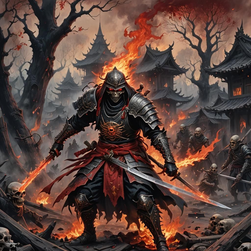 Spectral Samurai Necromancer in Burning Village