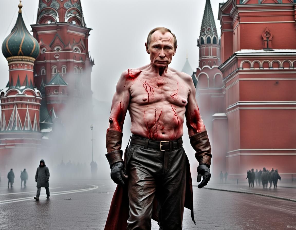 Dystopian Putin on Horseback in Collapsed Red Square