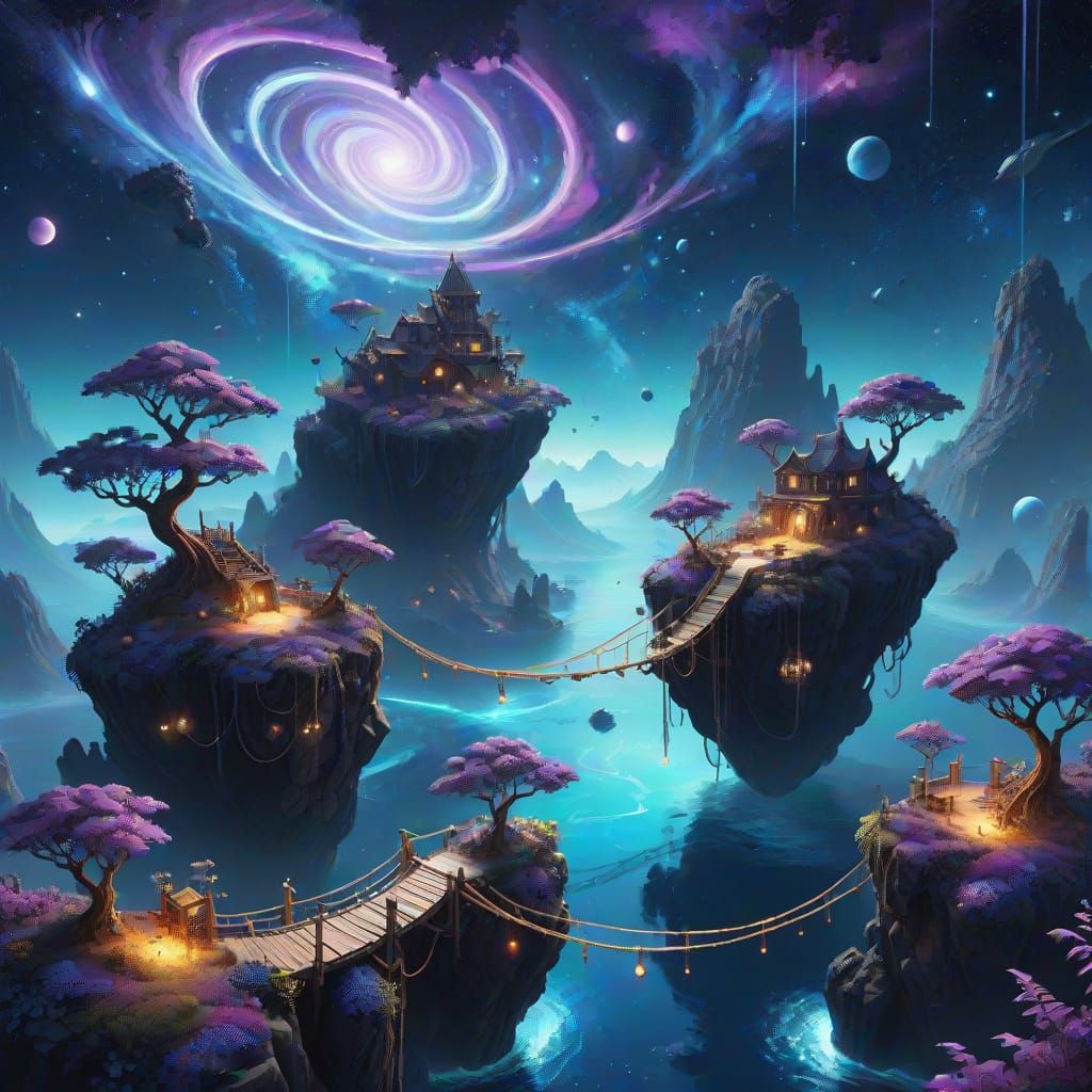 Floating Islands Connected by Rope Bridges in Space Vista