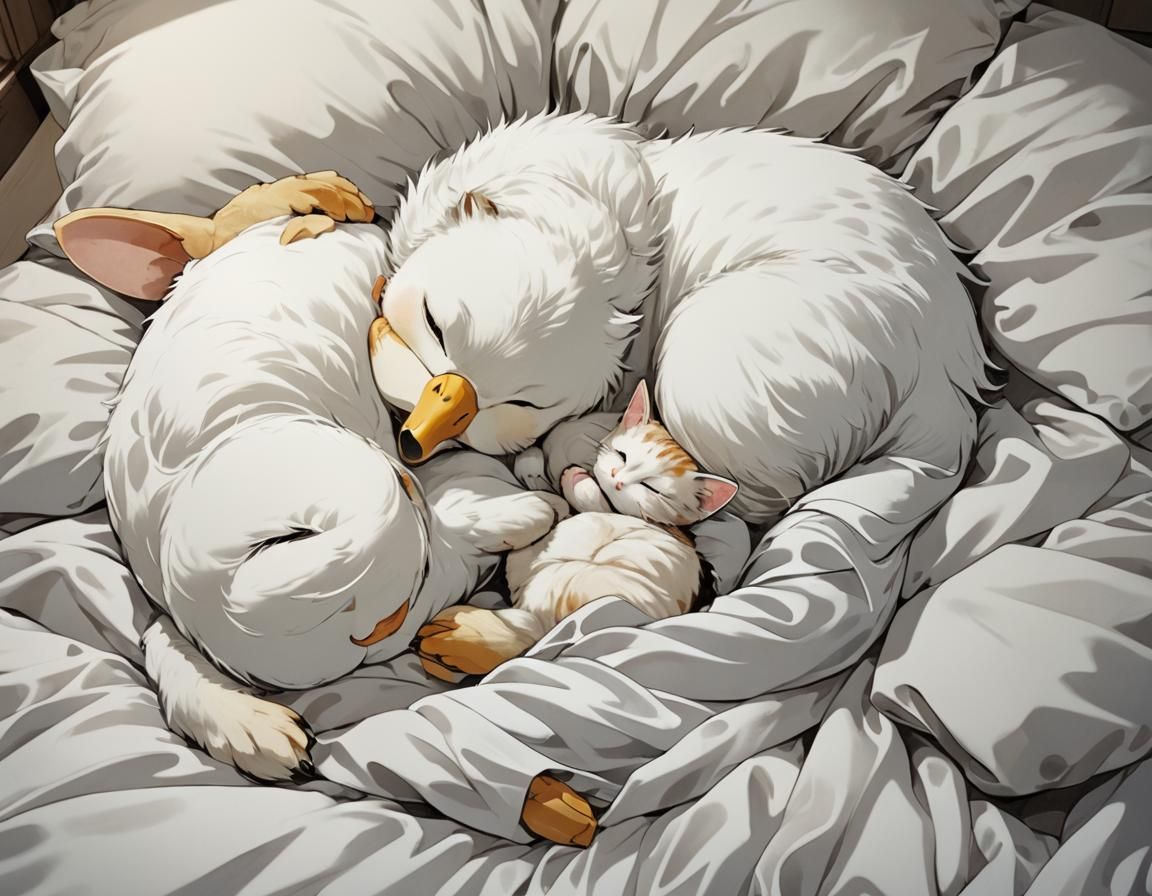 Duck and Cat Napping in Anime Style