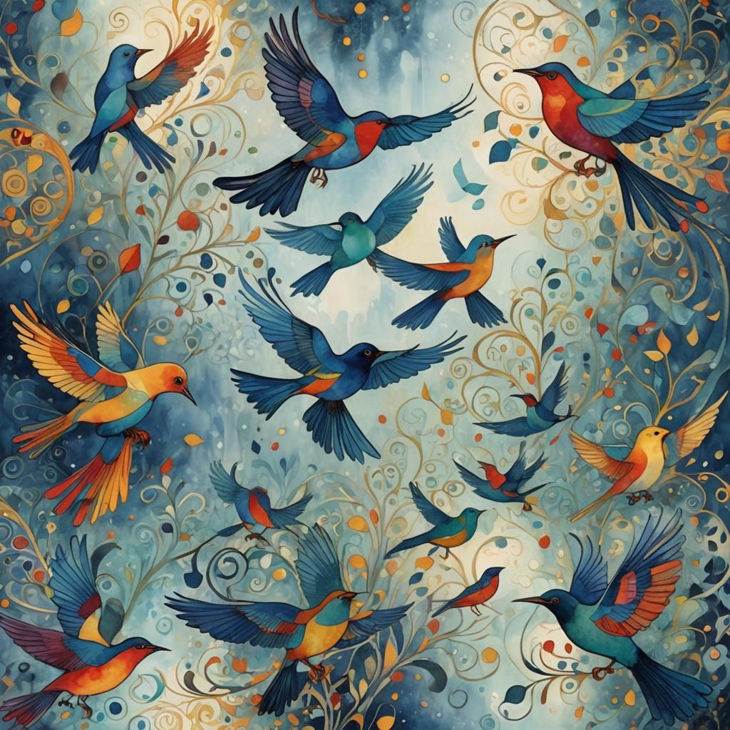 Songbirds in Flight with Art Deco Influences