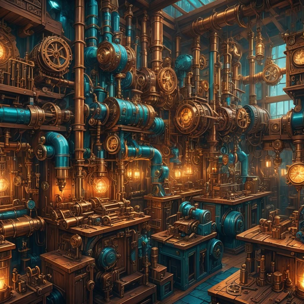 Steampunk Workshop with Intricate Machinery in Art Deco Styl...