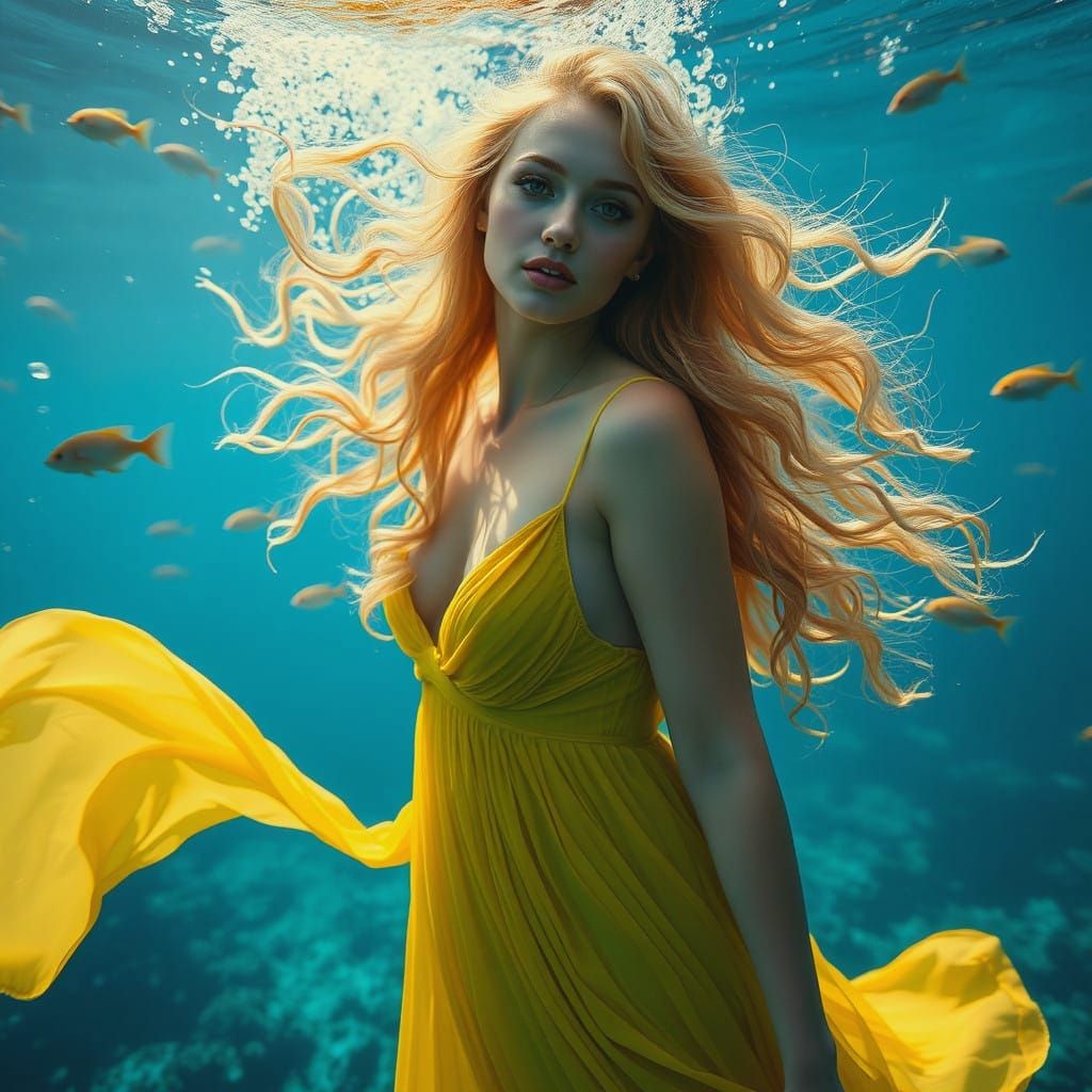 Ethereal Underwater Goddess in Yellow Chiffon Dress