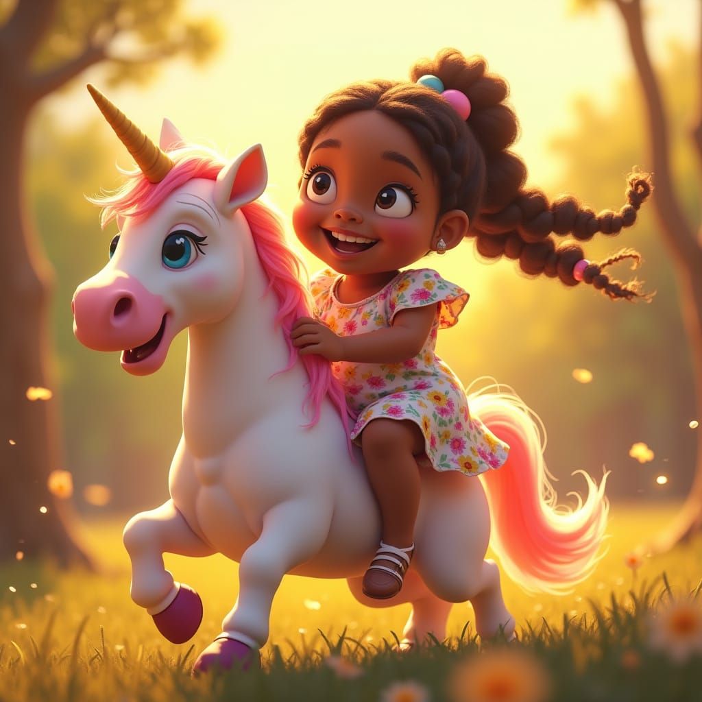 Radiant Black Girl Rides Iridescent Unicorn in Whimsical Pla...