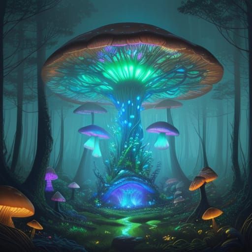 Whimsical Mushroom Reading Nook in Bioluminescent Forest