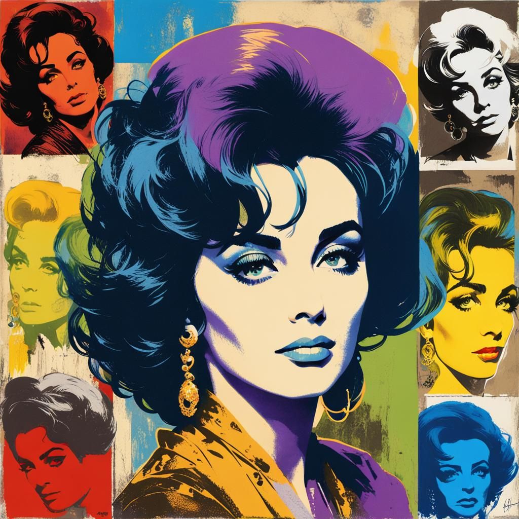 Liz Taylor Pop Art Collage in Sumi-e Style