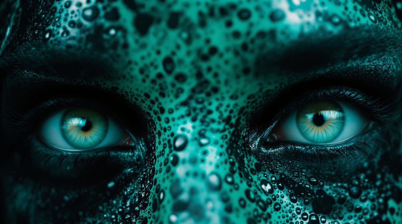 Surreal Portrait of a Wide-Eyed Figure in Turquoise Tones