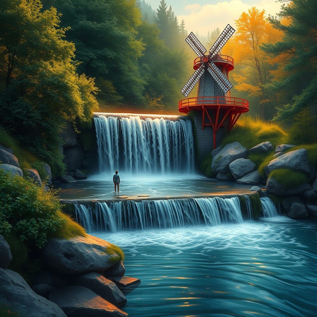 Surreal Watermill Beside a Forest River in Hyperrealistic St...