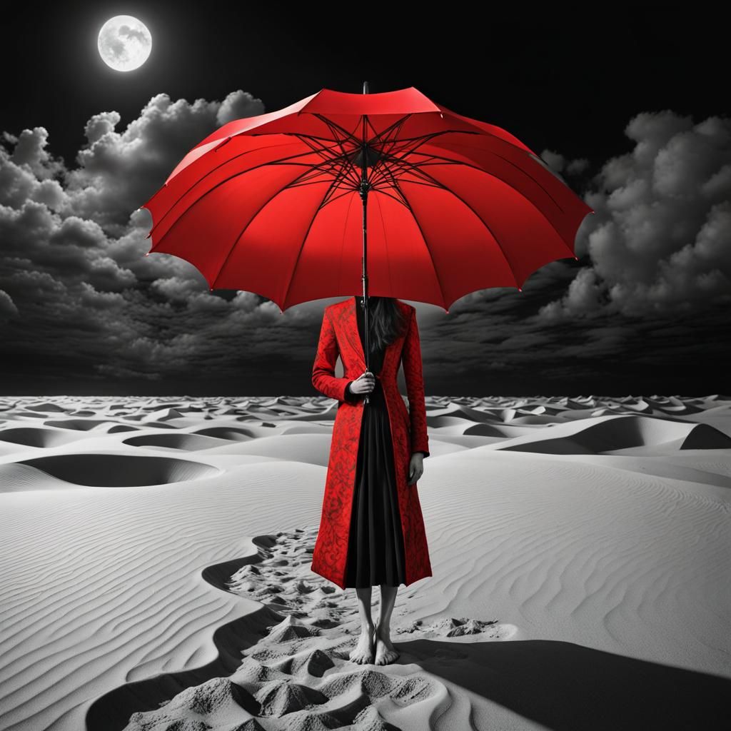 red umbrella stands out against a black and white backdrop