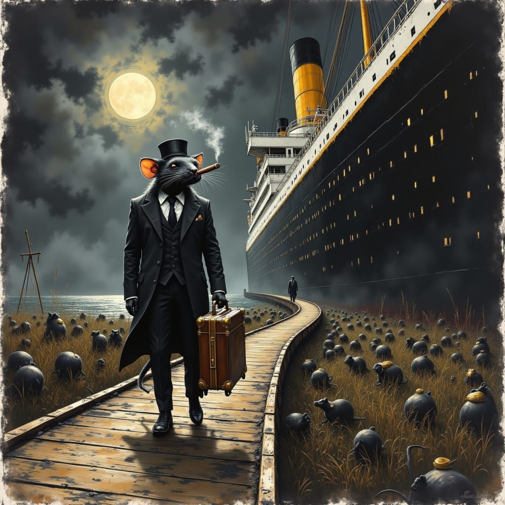 Rat Gentleman Boards Titanic in Surreal Night Port