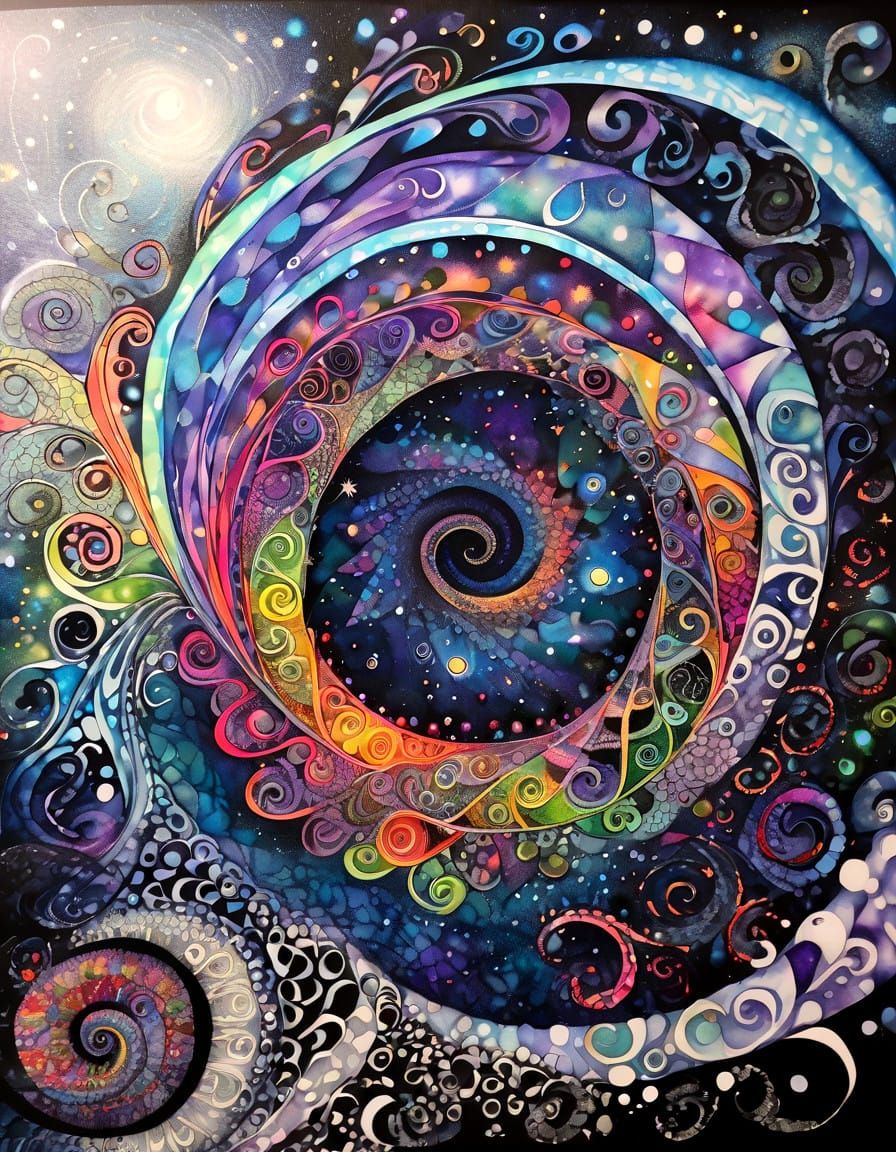 Whimsical Cosmic Spirals in Folk Art Style