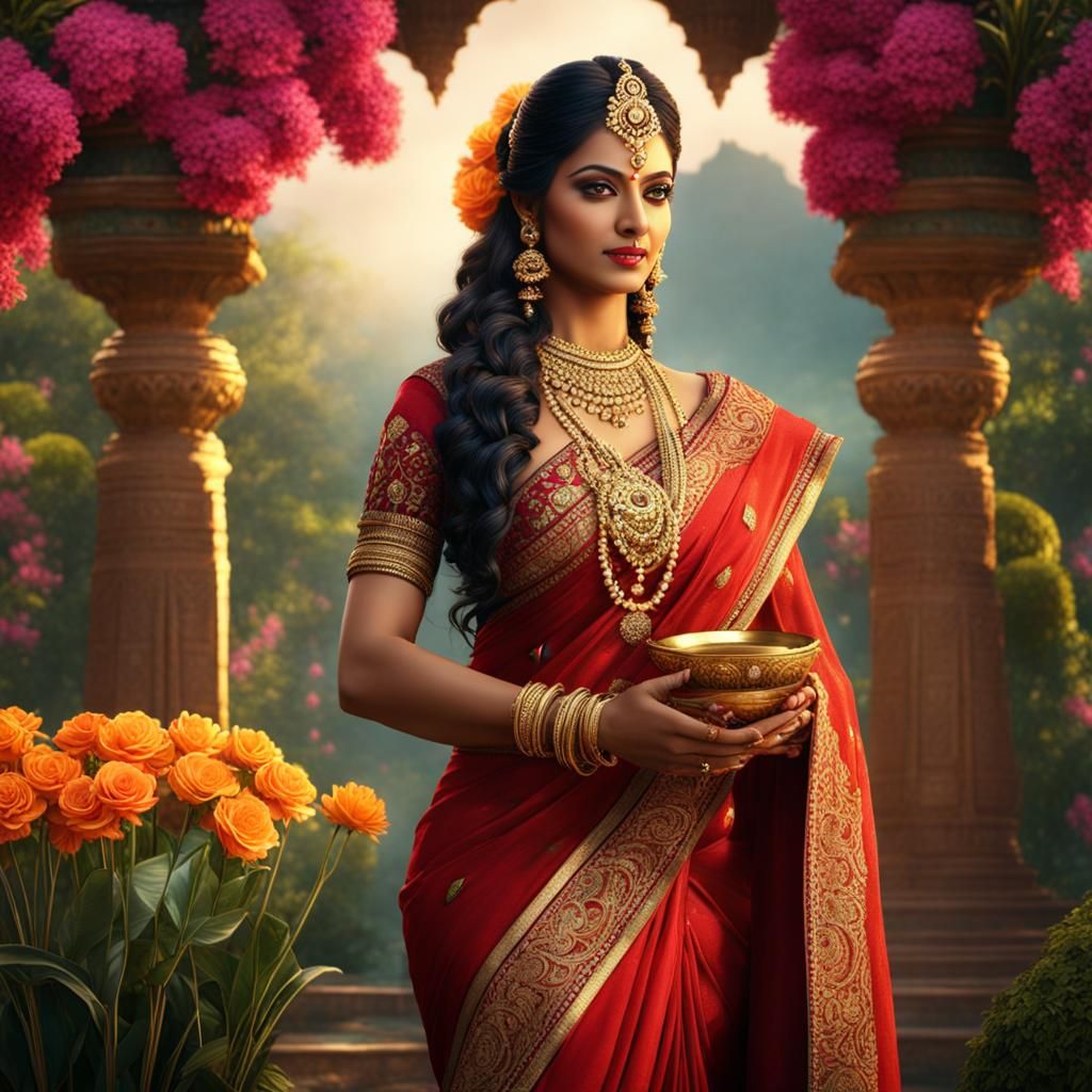 Indian Goddess in Garden: Detailed Digital Painting